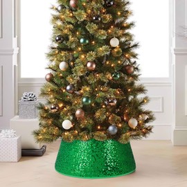 Christmas Tree Collar Burgundy Round Tree Skirt Tree Ring Sparkle Sequin for Christmas Holiday Thanksgiving Home Decor Red Gold