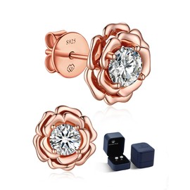 MomentWish Rose Stud Earrings for Women, Holiday Gifts for Wife, 1Carat Moissanite Earrings 14K Rose Gold Plated Flower Earrings, Jewelry Gift for Anniversary Valentine’s Day