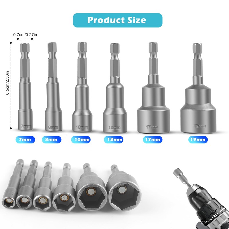 6 Piece Bit Socket Set 7/8/10/13/17/19 mm Hex Bit Holder