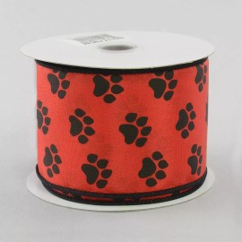 Expressions/RG Ribbon Black Paw Print Red Satin Wired Edge 2.5" Ribbon Dog Cat Pet Paws 10 Yard Roll