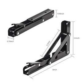 YUMORE Folding Shelf Brackets, 8 Inch Heavy Duty Collapsible Shelf Bracket, Black DIY L Bracket for Workbench Folding Table Hinge, Max Load: 300lb, 2 Pack
