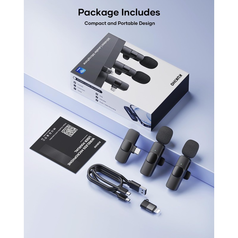 KUKIHO Wireless Lavalier Microphone, 2 Pack Mini Mic with Noise