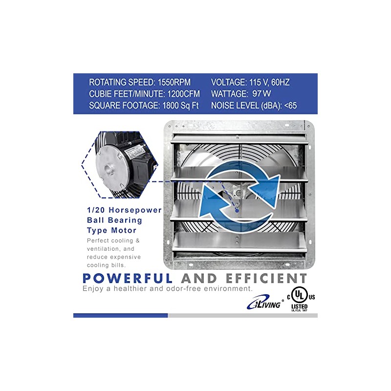 iLIVING 16" Wall Mounted Shutter Exhaust Fan, Automatic Shutter, with
