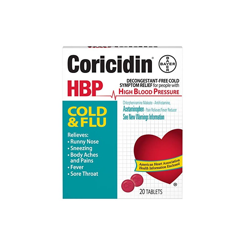 Coricidin HBP Cold & Flu Tablets, 20 ea (Pack of