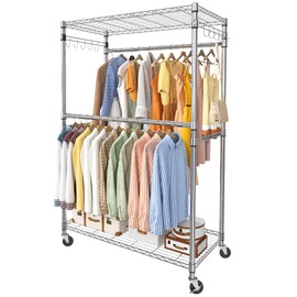 Simple Trending Heavy Duty Clothing Clothes Rack Load 450LBS, Industrial Grade Rolling Adjustable Garment Racks with Double Rods for Hanging, Chrome