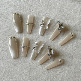 JIEADJIE Press On Nails (100% Handmade),Mid-Length Version,Handmade Painted Nail Art by Nail Technician,Luxury (Fishline Butterfly Nude, Small)