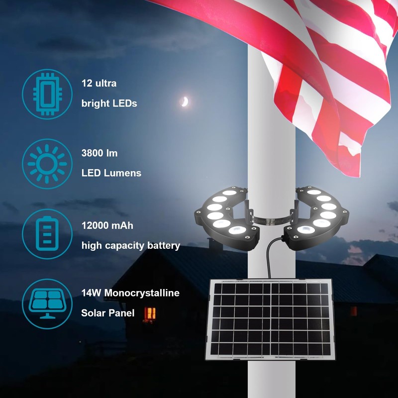 Flag Pole Light Solar Powered 6000K Brightest Solar Flag Pole