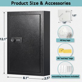 KYODOLED Locking Key Cabinet, 40 Key Storage Lock Box with Code, Key Box Wall Mount with Combination Lock, Key Hooks & Tags Labels for Home, Office, Business, 2.5" D x 8" W x 12" H (Black,40 Key)