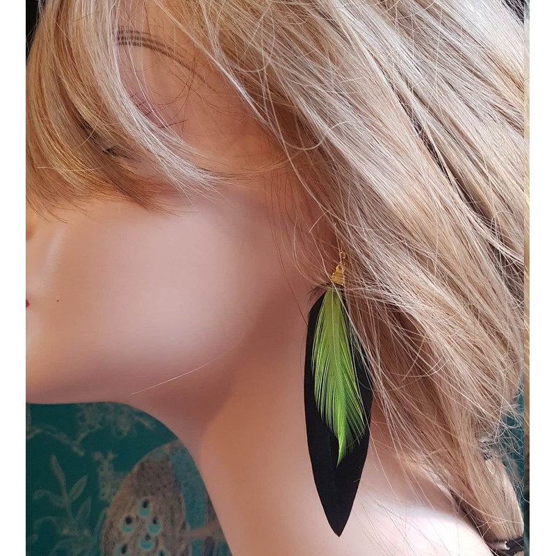 Black Feather Earrings with Lime Green Feather - Handmade