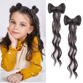 LyoRuSi 2 Pack Bowknot Synthetic Hairpiece 14 Inch Ponytail Extension Curly Wavy Hairpieces Bow Alligator Clip Extension Natural Curly Ponytail Hair Extension Party Hair Styling Brown Black#