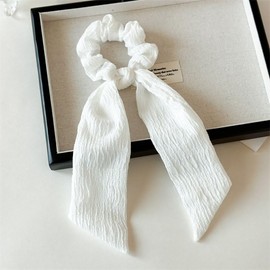 2 Pcs Blue Knotted Bow Hair Scarf Scrunchies with Hollow Floral Bow Hair Ties - Long Tail Bowknot Scrunchies, Chiffon Ribbon Hair Bows for Women Girls Thin Hair Scarf (white blue)