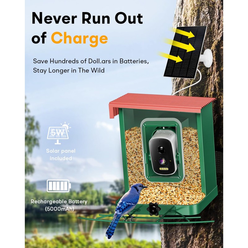 Metal Smart Bird Feeder with Camera – Solar Powered, AI