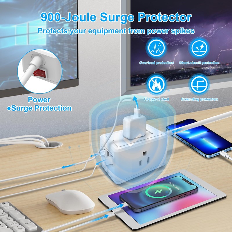 10FT Long Surge Protector Power Strip-with 3 Widely Outlets and