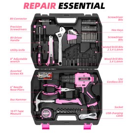 DIFFLIFE 147 Piece Pink Power Drill Drivers Tool Set with 12V Cordless Drill, Professional Household Home Tools Kit Set, DIY Pink Electric Drill Cordless Hand Tool Box for Women