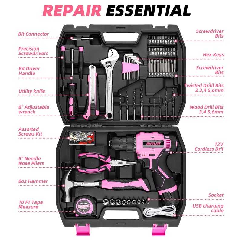 DIFFLIFE 147 Piece Pink Power Drill Drivers Tool Set with