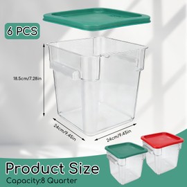 6-Pack 8 Quart Food Storage Container with Lid, Commercial Grade Square Polycarbonate 8 Qt Container with Lid, Handles & Measurement Scales, Airtight Stackable for Kitchen, Restaurant & Home Use