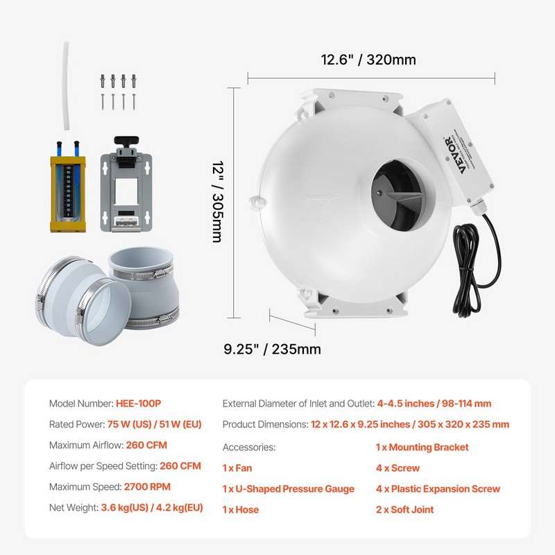 4" to 4.5" Radon Mitigation Fan System Kit Quiet 260