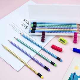 18Pcs Hb Pencils Set, 12Pcs Presharpened Pencils with Rubbers On The End Triangle Pencils Wood Cute Pencils with Eraser 1 Sharpener 4 Pencil Grips 1 Pen Case for School Kids Children Writing Drawing