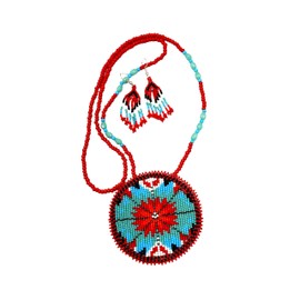 Handmade Southwestern Native American Inspired Beaded Medallion Necklace Earrings Set (Red Flower)