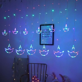 Diwali String Lights Decorations, Happy Diwali DIYAS Curtain Light, 12 Flame Shape and 138 LEDS, with 8 Lighting Modes, for Wedding Party Indoor Outdoor Bedroom Lights Decor (Multicolor)