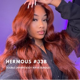 HERMOUS 12A Double Drawn Bundles with 5x5 HD Lace Closure Human Hair Body Wave, 100% Raw Hair Colored #33 Reddish Brown Copper Red Auburn 3 Bundles Human Hair With Closure 5x5 Free Part 12 14 16+12 IN