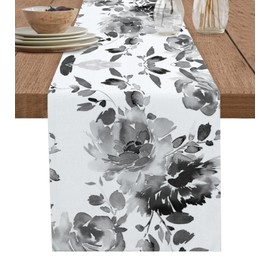 Cotton Linen Table Runner Watercolor Ink Flowers Dresser Scarf Abstract Color Gradient Floral 13"x36" Kitchen Dinning Table Runners Decor for Indoor Outdoor Party Holiday Wedding Black White Grey