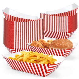 RMERVE 50 Pcs Bulk Striped Carnival Party Paper Food Trays with Greaseproof Liner Paper, Disposable Carnival Circus Decorations, for Carnival Circus Food Truck Party Supplies (Red and White Stripes)