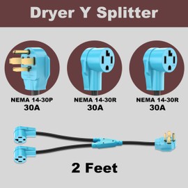 CircleCord 4 Prong Dryer Y Splitter 2 FT, NEMA 14-30P Male to Two NEMA 14-30R Female, 30 Amp 250 Volt 7500W STW 10 AWG Dryer Y Adapter Cord, for Dryer Outlet and Level 2 EV Charging