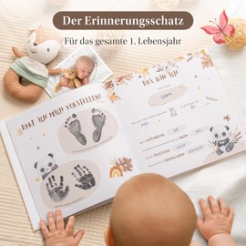 EULENTALER® Baby Journal - My First Year, Genuine Linen Cover with Gold Embossing, Designed by Educators, Hand-Painted Cute Boho Illustrations, 21x21 cm, Baby Album  