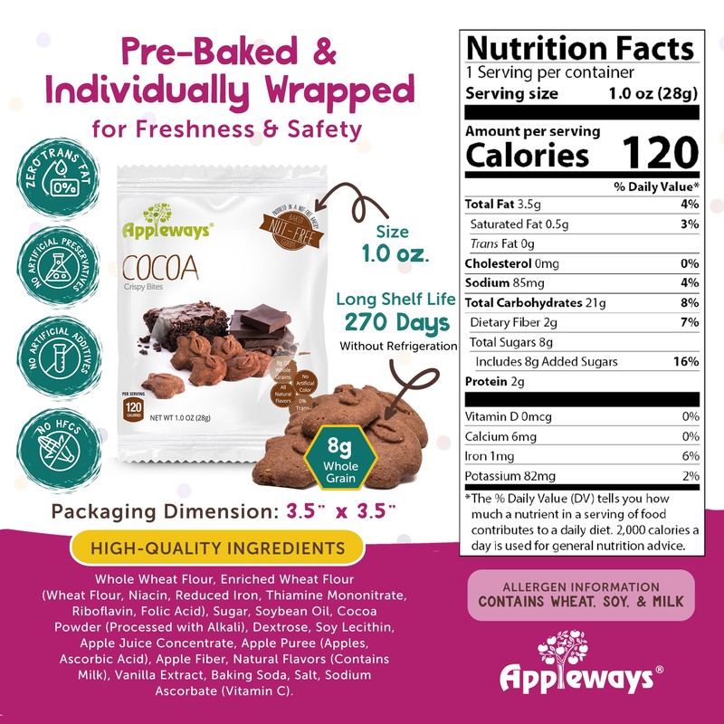 Appleways Whole Grain Cocoa Crispy Bites, All-Natural Individually Wrapped Crispy
