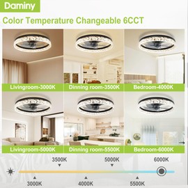 DAMINY 20" Black Modern Ceiling Fans with Lights and Remote, 6CCT,Dimmable Low Profile Ceiling Fan with Light, Flush Mount Bladeless Ceiling Fan,6 Speeds