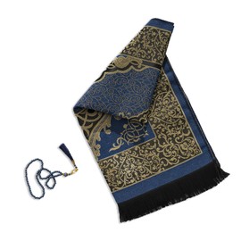 Alban Muslim Prayer Rug with Prayer Beads - Prayer Mat, Prayer Rug, Prayer Matt Islam, Islamıc Prayer Mat, Travel Prayer Mat, Tasbih Prayer Beads, Islamic Gifts, 99 Prayer Beads Included (Navy)