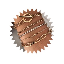 Andelaisi Boho Crystal Tennis Bracelet Layered Cuban Chain Bracelet Vintage Chunky Link Chain Bracelet Punk Paperclip Toggle Bar Bracelet Jewelry for Women