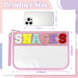 BuyCard Clear Snack Bag with Chenille Letter Patch-Preppy Waterproof Pouch for Travel, Makeup, Gym | Zippered Cosmetic Tote for Women & Girls.