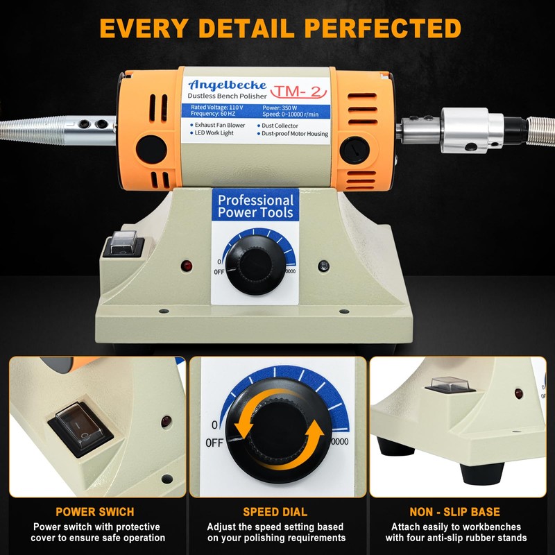 Angelbecke Jewelry Polisher, Adjustable Speed Polishing Machine, Multi-Function Bench Lathe