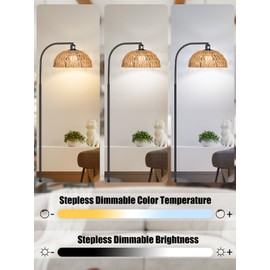 Rattan Floor Lamp- Boho Standing Lamp with Remote Control and Dimmable Bulb, Hand-Worked Adjustable Rattan Shades, Black Farmhouse Tall Lamp, Boho Arc Floor Lamps for Living Room, Bedroom, Office