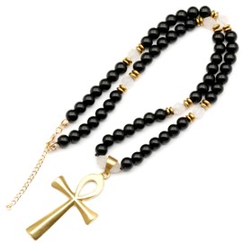 ElisaJewelryArt - Unique Ankh Cross Pendant Quartz Beaded Necklace Genuine Gemstone Protection Stone Clasp Closure Egyptian Unisex Necklace (22, Quartz)