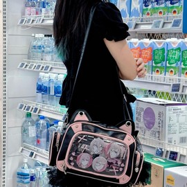 Vobomo Cat Ita Bag Pin Display Backpack PU Leather Backpack Y2k Single Shoulder Crossbody Bag (Pink-black)