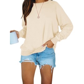 PRETTODAY Women's Casual Crew Neck Sweatshirts Long Sleeve Solid Tunic Tops Loose Pullovers Beige