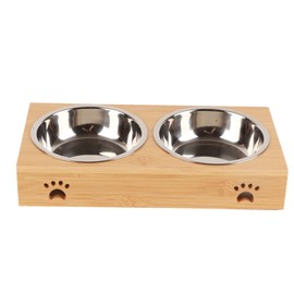 Bamboo Pet Double Bowl Cartoon Prevent Slipping Easy to Clean Pet Table with Ceramic Bowls and Handle for Cats Dogs L Stainless Steel Double Bowl