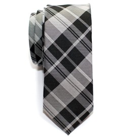 Retreez Modern Classic Plaid Check Styles Woven Microfiber Skinny Tie - Black and Grey