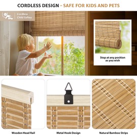 LazBlinds Cordless Bamboo Blinds, Roll Up Shades for Windows, Light Filtering Hanging Window Blinds, Bamboo Shades for Patio Indoor/Outdoor Porch, 30'' W x 72'' H, Brown206