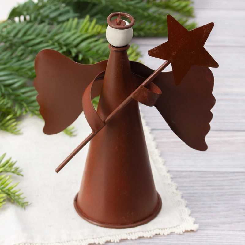 6-1/2" Rustic Tin Angel Christmas Tree Topper Holding a Star