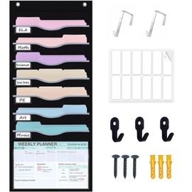 ALSLEA 15" Extra Wide Hanging File Organizer with 8 Pockets - Heavy Duty Classroom Pocket Chart, Wall Mounted Document Organizer with Writable Clear Pocket, 5 Wall/ Door Hooks & 12 Labels (Black)