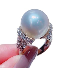 QUSIIOSLK 925 Sterling Silver Ivory Pearl Ring Inlay AAA Cubic Zirconia CZ Micro Pave Luxury Rhinestone Handpick Freshwater Cultured Pearl Solitaire Ring for Women Jewelry Gift 8