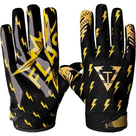 TAQCHA Thunder Football Gloves - Tacky Grip Skin Tight Football Gloves - Pro Elite Super Sticky Receiver Football Gloves - Adult & Youth Sizes (Black, Youth - M/L)