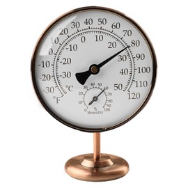 Foxyoo 4-Inch Indoor Thermometer and Humidity Gauge, Room Analog Temperature and Humidity Monitor, Dual Scale Display, Brass Dial with Stand, Battery-Free for House, Home, Desk, Bedroom, Garage, RV