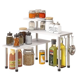 GHWIE Corner Shelf Organizer, 3 Tier Bamboo Kitchen Countertop Rack for Living Room, Office, Bookshelf Display Shelves, Space Saving Storage Shelves,White