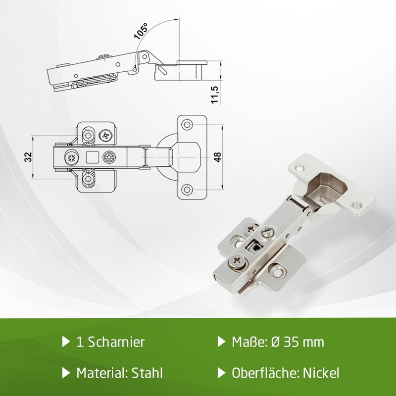 Amig - Hydraulic pot hinge straight nickel-plated - Ø35 mm