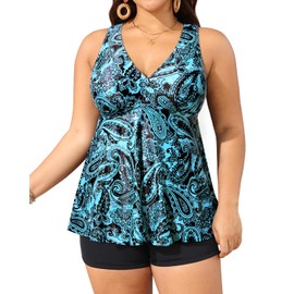Aqua Eve - Traje de baño tankini de dos piezas con pantalones cortos para mujer, traje de baño fluido con control de abdomen, Azul (Paisley), 12 Plus